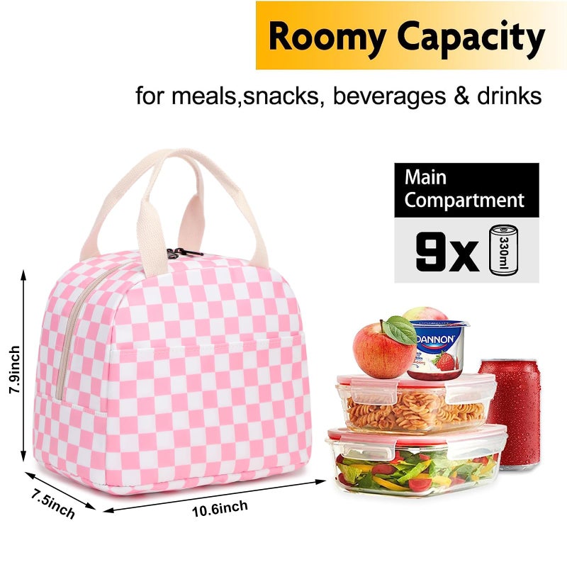 Dezcrab Checkered Lunch Bag for Girls Women  Cute Insulated Leakproof Lunch Box Container Reusable Cooler Lunch Tote Bag for Teens Kids Adults School Travel Picnic (Pink) - Image 2
